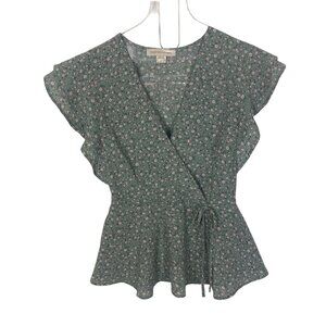 Monteau Y2K Peplum Top Small Green Floral Wrap Style Flutter Sleeves Fairy